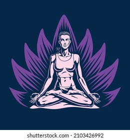 Young attractive woman or sitting in the lotus pose on a mat. Meditation, relaxation or yoga concept. Vector illustration.