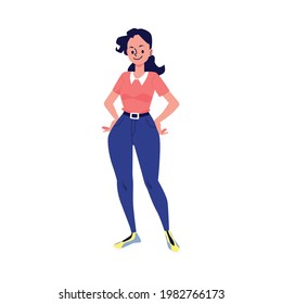 Young attractive woman standing hands on her hips, flat vector illustration isolated on white background. Confident smiling woman or young girl character.