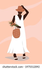 A young attractive woman in a summer dress and hat with a bouquet of flowers in her hand and a fashionable bag. Contemporary minimalistic abstract art portrait. Vector graphics.