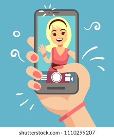 Young Attractive Woman Taking Selfie Photo On Smartphone Outdoor. Beautiful Girl Portrait On Phone Screen. Cartoon Vector Illustration Of Woman Selfie On Smart Phone