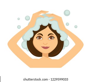 Young attractive woman washing her dark hair, foaming shampoo, taking shower, colorful cartoon, flat concept vector illustration on white background