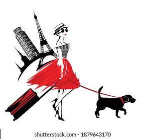 young attractive woman wearing fashion clothes with suitcase and beagle dog - travel with pets concept vector copy space sketch design