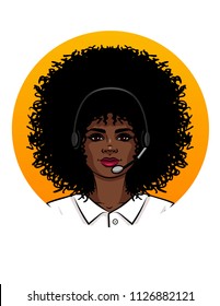 Young attractive woman working like operator in call centre. Portrait of an African American girl with curly hair wearing headphone