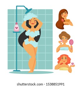 Young attractive women doing daily beauty routine, grooming, showering, washing, combing long hair, applying moisturizer and makeup, cartoon, flat concept vector illustration on white background