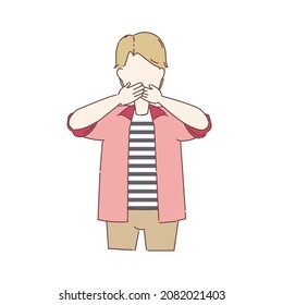 Young attractive worried man showing covering mouth with hands concept. Trendy male don't speak concept. Isolated cartoon vector illustration on white background
