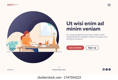 Young author or writer working on new article. Woman sitting at clean paper, crumpling pieces of drafts. Vector illustration for writing, creative crisis, journalism concept