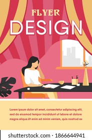 Joven autor o escritor trabajando en un nuevo artículo. Mujer sentada en un papel limpio, desmoronando pedazos de borrador. Ilustración vectorial para la escritura, crisis creativa, concepto periodístico