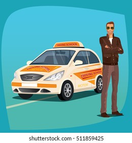 Young auto driving instructor standing and smiling. Full body view. In background driving school vehicle with logos. Drivers education concept. Cartoon style. Vector illustration