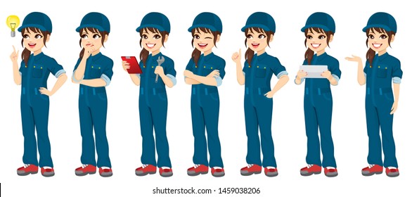 Young auto repair female mechanic standing posing with different gestures and holding different objects and tools