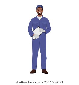 Jovem automecânico de pé com uma área de transferência. Ilustração de vetor plano isolada no plano de fundo branco