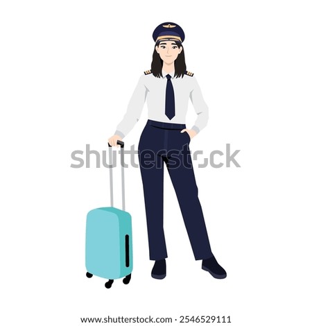 Young aviation beautiful female pilots caring luggage. Flat Vector character illustration