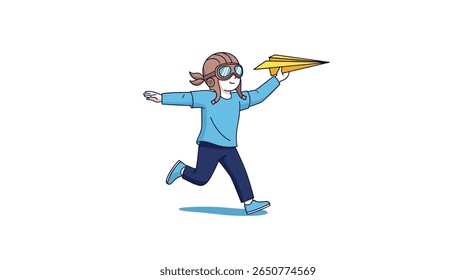 Young aviator with paper airplane takes flight on a sunny day
