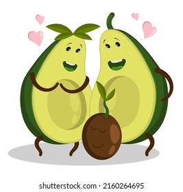 Young avocado family couple looks at newborn baby with tenderness. Birth of children, relationships in family. Cartoon vector isolated on white background