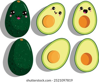 Young avocados separated. Collection of avocados depicting actions or activities of daily life, vector illustration.