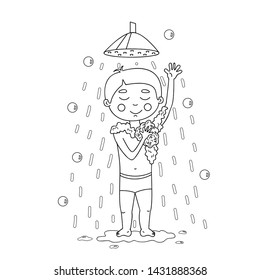 Young baby boy takes hygienic procedures, scrubbing by bath sponge and shower gel, surrounded by soap bubbles and water drops. Vector illustration isolated on white background, for coloring book page