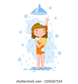 Young baby girl happily takes a bath with soap surrounded by foam, enjoys of scrubbing by shower puff. Vector illustration colorful isolated on white background