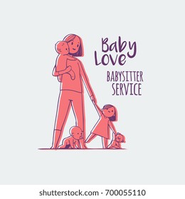 young babysitter holding baby, hand drawn doodles logo. isolated vector illustration.