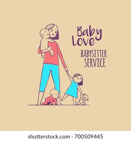 Young babysitter holding baby, mom and kids, hand drawn doodles illustration logo. Design for logo, web and mobile app.