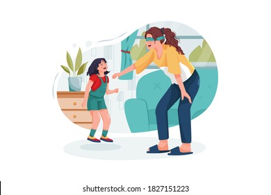 Young babysitter nanny playing funny game with kid girl at home