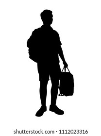 Young with backpack man silhouette vector
