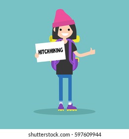 Young backpack traveler holding a sign. Hitchhiking / flat editable vector illustration, clip art