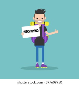 Young backpack traveler holding a sign. Hitchhiking / flat editable vector illustration, clip art