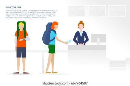 Young backpacker couple of  friends with luggage have check-in for the flight. Travel and transportation, airport services concept. Flat vector illustration with gradient background with interior