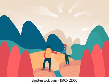 junges Rucksackpferd, Liebhaber der Reise nach Berg, männliche und weibliche Reise oder Mann und Frau auf Landschaftshintergrund. Cartoon-Vektorillustration-Stil.
