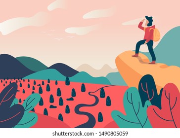 young backpacker man standing on cliff of mountain and looking on landscape view. male travel alone on peak hill, survival, adventure, outdoor activity. character cartoon flat vector illustration. 