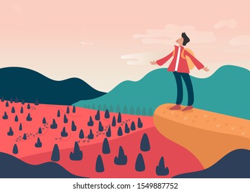 young backpacker man standing on cliff of mountain and shouting on the sky with landscape view, male travel to survive alone on peak hill adventure trip. character cartoon flat vector illustration.