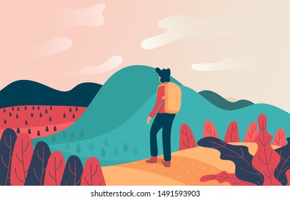 young backpacker man walking on adventure road trip with nature scene aiming to reach the top of mountain hill. male journey alone on outdoor landscape. character cartoon flat vector illustration.