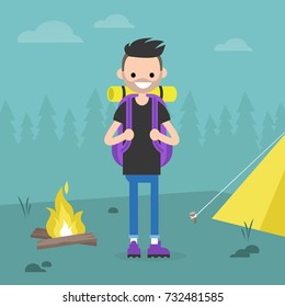 Young backpacker traveling in a forest. Camping trip. / flat editable vector illustration, clip art