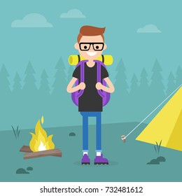 Young backpacker traveling in a forest. Camping trip. / flat editable vector illustration, clip art