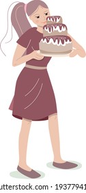 Young baker carrying big chocolate cake. Lifestyle and hobby. Illustration can be used for cafe menu and food design templates.