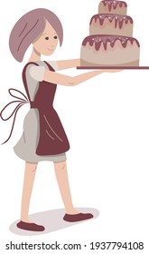 Young baker carrying big chocolate cake. Lifestyle and hobby. Illustration can be used for cafe menu and food design templates.
