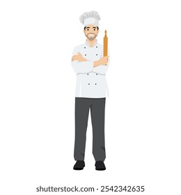 Young baker character holding rolling pin. Flat vector illustration isolated on white background