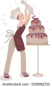 Young baker decorating big cake with chocolate cream. Lifestyle and hobby. Illustration can be used for cafe menu and food design templates.