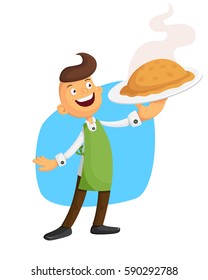 Young baker hipster with pie. Fresh bakery vector illustration for poster, advertising, restaurant, menu