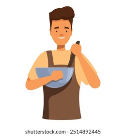 Young baker holding a bowl and whisk is happy and smiling while cooking