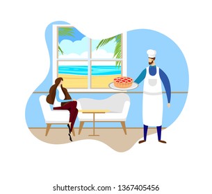 Young Baker Man in Toque and Apron Bringing Delicious Cake to Girl Sitting at Table in Resort Cafe near Big Window with Tropical Seaside View. Design Element. Cartoon Flat Vector Illustration. Icon.