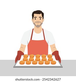 Joven panadero con uniforme profesional y sombrero de chef que sostiene la bandeja para hornear. Ilustración vectorial plana aislada sobre fondo blanco