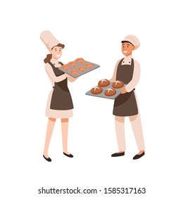 Young bakers flat vector illustration. Pastry cooks with sweet-stuff, male and female confectioners with bakery. Profession, work result. Man and woman with baking trays cartoon characters.