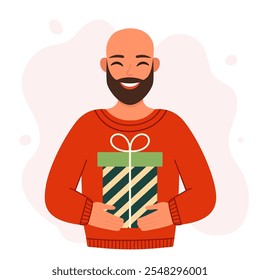 Young bald bearded man holding a gift. Christmas design. Vector simple flat illustration