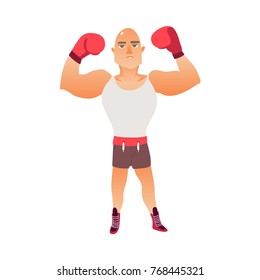 Young, bald Caucasian male boxer raising arms in boxing gloves, flat vector illustration isolated on white background. Front view full length portrait of young, bald Caucasian boxer