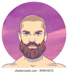 Young bald man with a mustache and beard on the background of the watercolor circle