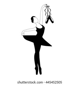 Young ballerina with ballet shoes. Silhouette of  ballerina and black pointe shoes. Vector illustration. Isolated on background.