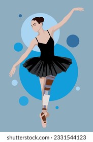 Young Ballerina in black dress with prosthetic leg dancing with blue elements on background