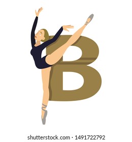young ballerina in a black swimsuit is warming up, letter of the alphabet, vector illustration