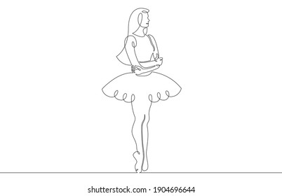 Young ballerina dancer in a costume stands on pointe shoes.One continuous single line drawing hand drawn logo art doodle, minimal isolated illustration.