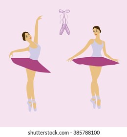 Young ballerina dancing. Girl ballet dancer. Set of color ballerina, ballerina in training. All elements isolated on background.